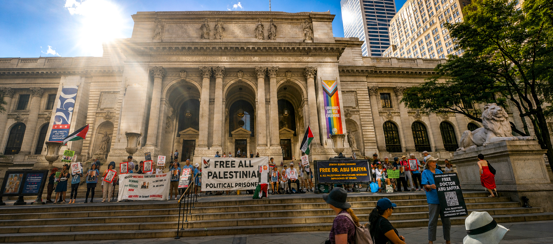 The New York Public Library façade in bright afternoon light with a public demonstration on the steps